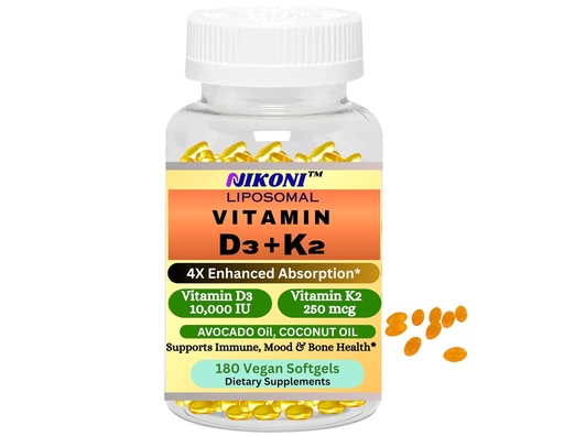 [BRSRE2YQCUCBEHQV] Nikoni Liposomal Vitamin D3 10000 IU, Vitamin K2 (MK-7) 250 mcg, Infused with Coconut & Avacado Oil, Easy to Swallow, Supports Calcium Absorption, Bone Health, 180 Vegan Softgels