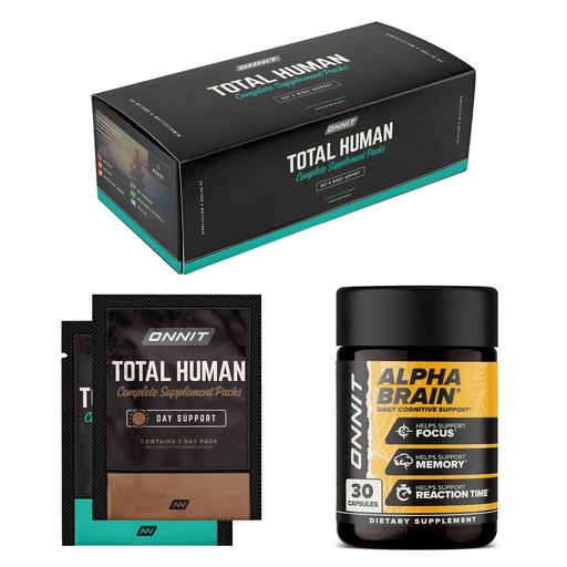 [BRSRAY37CN5GOE3L] ONNIT Cognitive & Daily Wellness Bundle: Alpha Brain Nootropic Capsules (30 Count) + Total Human Multivitamin Packs (30-Day Supply), IGEN Non-GMO Tested Focus, Energy & Clarity, Pack of 2