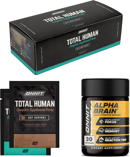 ONNIT Premium Alpha Brain Bundle - Nootropic Brain Supplement (30 Count) for Focus, Concentration & Memory + Total Human Day and Night Vitamin Pack for Men and Women (30- Day Suppply)