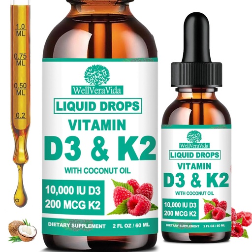 [BRSREYDYDF7RG3LO] 2 Pack D3 K2 Vitamin 10000iu, Liquid Drop Vitamin D3 With K2 (MK-7)200mcg Coconut Oil, 6X Stronger Than D3 K2 Sofegels, Magnesium Zinc for Absorption -K2 D3 Supplement for Joint Teeth & Bone Health