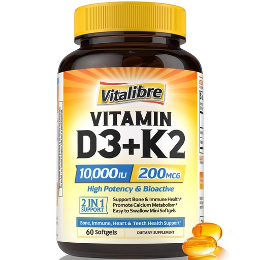 [BRSRAHDYBV7BUYD3] Vitalibre Vitamin D3 K2 Supplement, 10000 IU D3 / 200 mcg K2 MK7, Calcium Absorption, Bone, Heart, Immune & Mood Support, Enhanced Absorption, No Soy, Easy to Swallow, 60 Softgels