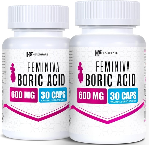 [BRSRAZQPAAIR6DY3] Healthfare Feminiva Boric Acid Suppositories | 2-Pack | 30 Vaginal Suppositories Each | 600mg | 100% Pure | Made in The USA