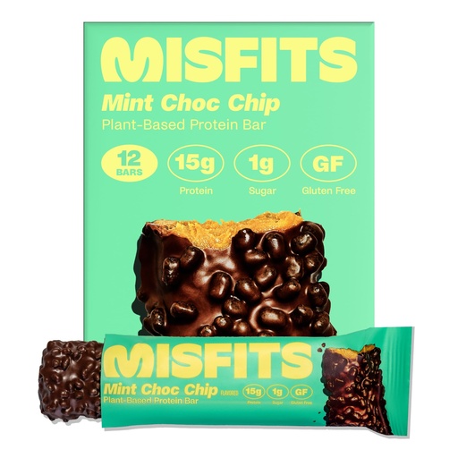 [BRSRE2QZOEPQKHTK] Misfits Vegan Protein Bars - Mint Chocolate Chip | Nutrition Bars - 15g Protein, 1g Sugar, Plant-based, Low Carb, Non-GMO, Gluten Free Snacks | Pack of 12