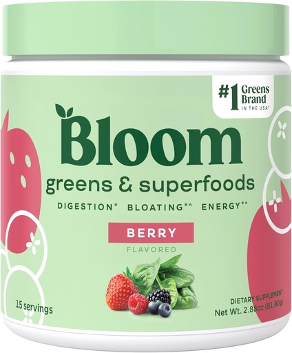 [BRSRAA3QDMGR6FIU] Bloom Nutrition Superfood Greens Powder, Digestive Enzymes w/Probiotics & Prebiotics, Gut Health, Bloating Relief for Women, Chlorella, 15 SVG (15 Servings (Pack of 1), Berry)