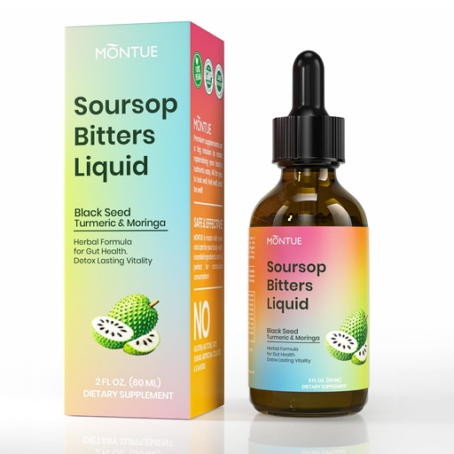 [BRSRYYL4CQBBSCA3] Montue Soursop Bitters Liquid Drops, Graviola Soursop Extract Herbal Supplement with Black Seed, Turmeric, Moringa Leaf, Neem & Ashwagandha, Gut Health & Daily Wellness Support, 2 Fl Oz