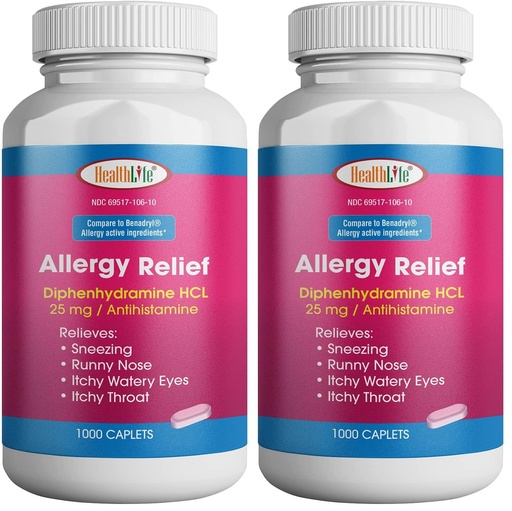 [BRSREAA6AENRGDTD] HEALTH LFE Allergy Relief, Medicine Diphenhydramine HCl Caplets, 25 mg | Children and Adults | Relieves Sneezing, Runny Nose, Hay Fever Symptoms, Itchy Eyes and Throat (Large,1000 Count) (Pack of 2)