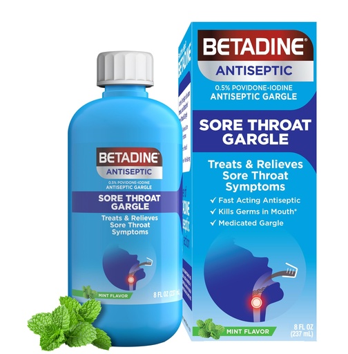 [BRSWY2QFAEPBAEI4] Betadine Sore Throat Relief Gargle, 8 Oz, Fast Acting Antiseptic with Povidone-Iodine 0.5%, Sore Throat Medicine, Mint Flavor