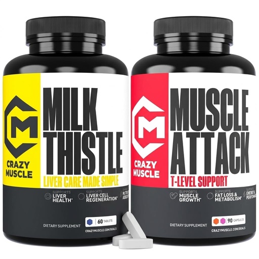 [BRSRGCD4AFYGOCTK] Crazy Muscle Milk Thistle Matrix (80% Extract, 175 mg) + Muscle Attack,Tongkat Ali, Saw Palmetto & Tribulus – Daily Wellness & Fitness Support Bundle, 60 Tablets + 90 Capsules