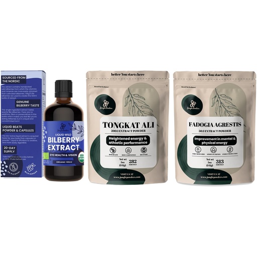 [BRSROBAZA4PAK2A4] Jungle Powders Bilberry Extract for Eyes Organic 3.4 Ounce Bottle of Liquid Bilberry Supplement for Eyes, Tongkat Ali for Men Powder 5 Ounce Bag, Fadogia Agrestis Extract for Men