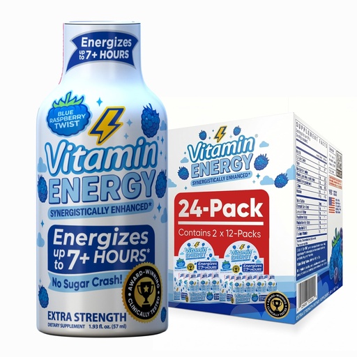 [BRSRAHAFPIBA2333] Vitamin Energy Immune+ Extra Strength Energy Shot Blue Raspberry 24 Pack, 260mg Natural Caffeine, B-Vitamins, Citicoline, Green Tea, Immunity & Focus Support, Zero Sugar, Gluten-Free 1.93 fl oz