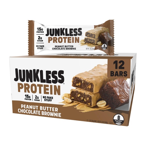 [BRSREHATAV4GC3Y7] JUNKLESS Peanut Butter Chocolate Brownie Protein Bars | 15g Protein, No Added Sugar, High Fiber, Gluten Free | Healthy Snack for Kids & Adults | 12 Bars