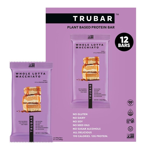 [BRSRAZT6DJ5AE3LB] TRUBAR Vegan Protein Bar, Whole Lotta Macchiato, Gluten Free, Plant Based Protein, Dairy Free, Non GMO, Soy Free, No Sugar Alcohols, 12G Protein, 12G Fiber, 23G Carb, On the Go Snack Bars, 12 CT