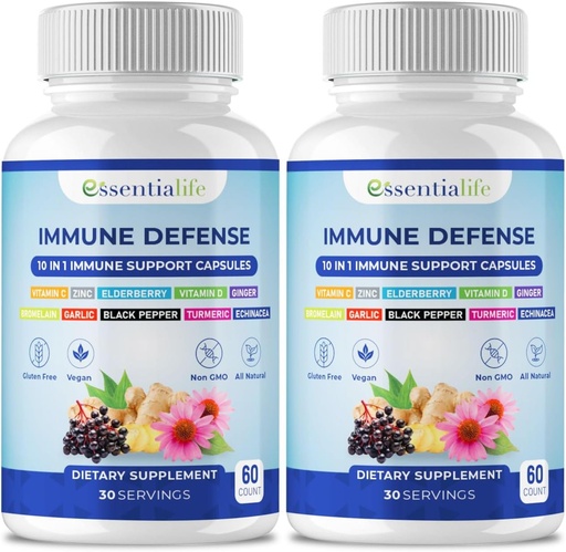 [BRSRAAQYDIIQ2ALV] Immune Support Supplement - 2 Packs 10 ב 1 Elderberry, Echinacea, ויטמין D, ויטמין C 1000mg & Zinc תוסף - עם Immune Booster למבוגרים - 120 ויטמינים קפסולות