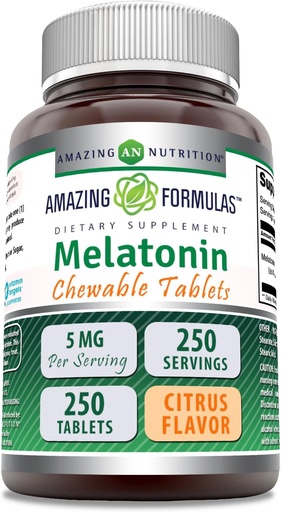 [BRSWGC32DIBB6ALU] Amazing Formulas Melatonin Chewable Supplement | 5 Mg Per Serving | 250 Tablets | Non-GMO | Gluten-Free | Made in USA (Citrus Flavor)
