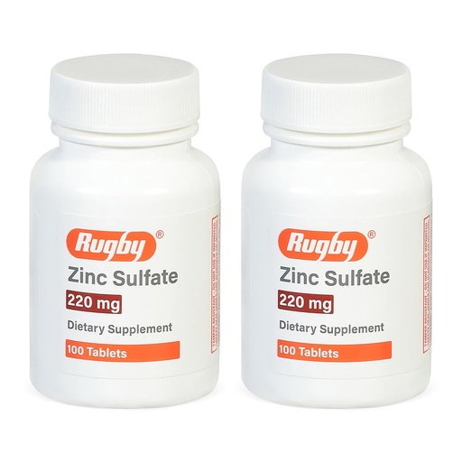 [BRSREGIBAACBQ3TV] Rugby Zinc Sulfate 220 mg Tablets - Made with Zinc Sulfate Heptahydrate - Dietary Supplement - 100 Count (2 Pack)