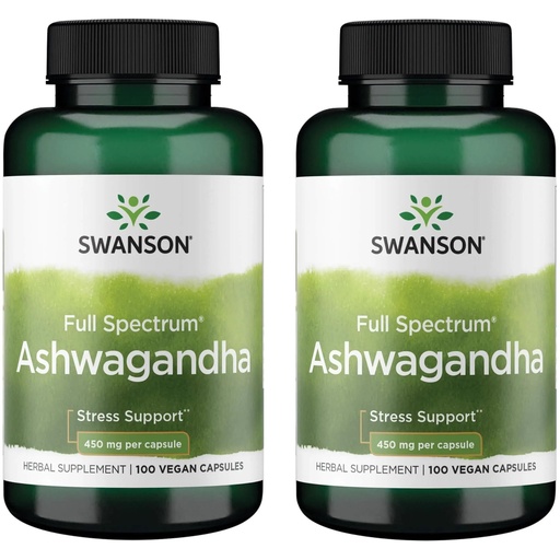 [BRSWI2T2DMIQMCQV] Swanson Ashwagandha Powder Supplement - with Ashwagandha Root to Promote Stress Relief & Energy - Ayurvedic Supplement for Natural Wellness (100 Capsules, 450mg Each) 2 Pack