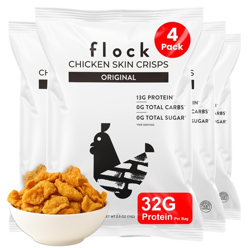 [BRSRMALRCMOQKCL4] Flock Keto Chicken Skin Chips Big bags | Original Flavor | Low Carb, High Protein, Gluten-Free Chicken Crisps Large bags, Keto Snack, Protein Crackers, family size Diet Snacks, 4-Pack (2.5oz)