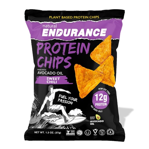 [BRSRGGIBAQBBGCT2] Natural Endurance Protein Chips - Low Carb Chips, 12g of Protein per Bag, Non GMO, Made with Avocado Oil, Vegan, Nut Free, On the Go Snack - Sweet Chili Flavor, 1.38 oz Bags (Pack of 8)
