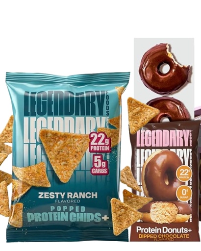 [BRSRYYYROYIGECDU] Legendary Foods High Protein Snack Bundle 18 Pac - Dipped Chocolate Donuts 22g Protein, 0g Sugar & Zesty Ranch Popped Chips 22g Protein, 4g Net Carbs - Keto Friendly, Low Carb Snacks