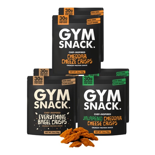 [BRSRGZT5CR5WGF3F] Gym Snack Protein Crisps Variety Pack – Cheddar, Jalapeño Cheddar & Everything Bagel (6 Pack, 2 oz) – 30g Protein Per Bag Crunchy Pea Protein Crisps, Low Carb, Gluten Free, Vegan & Keto Friendly
