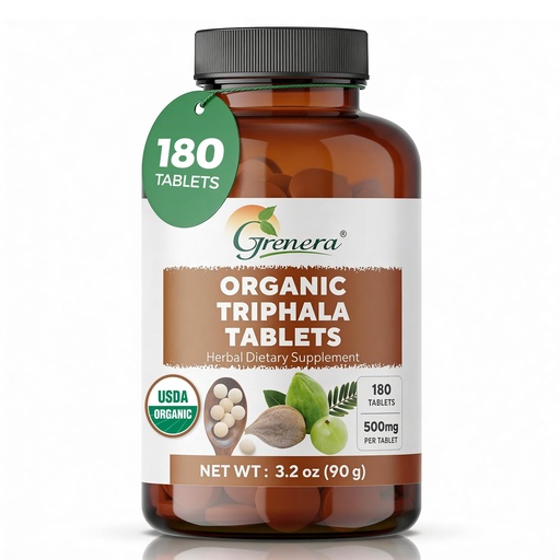 [BRSRGGL6BUCAAFAV] Grenera Organic Triphala Tablets | Uncoated 500mg Herbal Supplement | Amla, Haritaki & Bibhitaki Blend | Plant Based Vegan & Kosher Certified | Lab Tested Quality | Daily Wellness Support | 180 Count