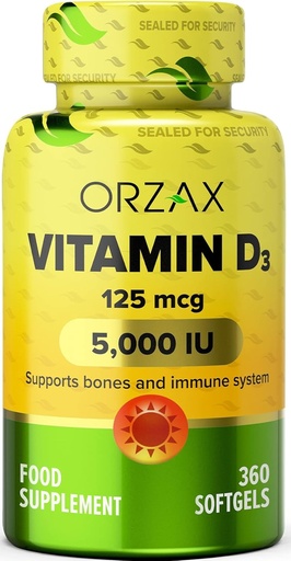 [BRSW2GIKBMBGYFY6] ORZAX Vitamina D3 5000 iu (125 mcg) – Non OGM, Gluten Free, Sugar Free, Dairy Free – 1 anno di fornitura per una forte funzione muscolare e supporto immunitario – Integratore per il benessere (360 Softgel)