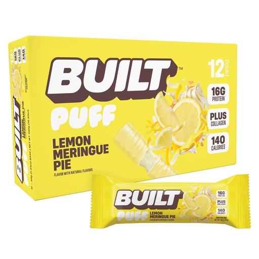 [BRSRGYL4CMNAKALO] BUILT Puff Protein Bars, Lemon Meringue Pie, 16g Protein - 12 Count | Protein Snack Bar with Collagen, Calorie Conscious, Gluten Free