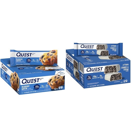 [BRSRAYITDIBRYCIZ] Quest Blueberry Muffin & Cookies & Cream Hero Protein Bars Bundle, High Protein, Low Carb, Gluten Free, Keto Friendly, 12 Count Each (Pack of 2)