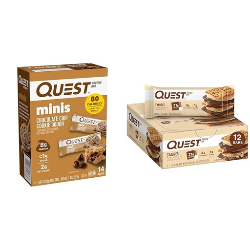 [BRSROBQCCACRMFDX] Quest Nutrition Mini Chocolate Chip Cookie Dough Protein Bars, High Protein, Low Carb, Keto Friendly, 14 Count & S'mores Protein Bar, High Protein, Low Carb, Gluten Free, Keto Friendly, 12 Count