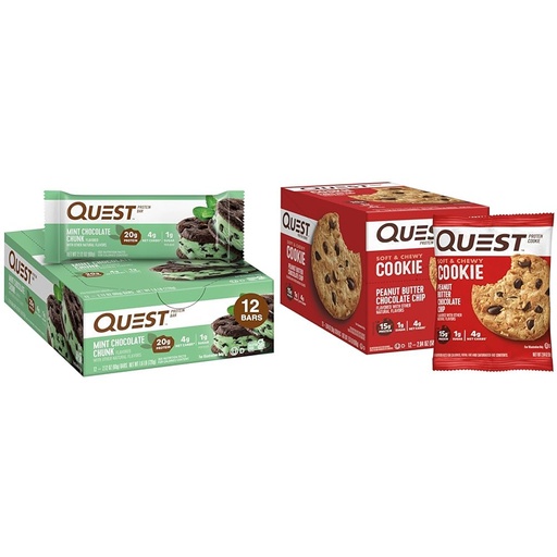 [BRSRAYYYO4CG2HLO] Quest Mint Chocolate Chunk Protein Bars, High Protein, Low Carb, Gluten Free, Keto Friendly, 12 Count and Peanut Butter Chocolate Chip High Protein Cookie, Keto Friendly, Low Carb, 24.5 Oz, 12 Count