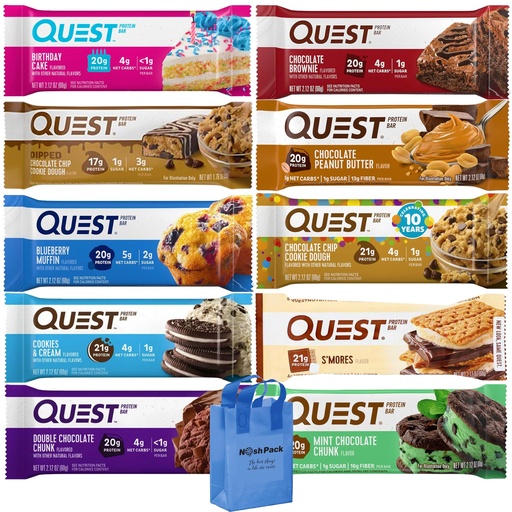 [BRSROHA2OBYQY33D] NOSH PACK Quest Protein Bars Variety Pack, 10 Pack Bulk Nutrition Breakfast Bar Low Carb Gluten Free Keto Snack, with Nosh Pack Bag