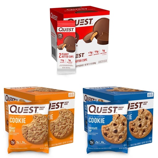 [BRSROYAQAAHA2CL4] Quest Nutrition Protein Snacks Bundle - Peanut Butter Cups, Peanut Butter Cookies and Chocolate Chip Cookies (12 Count Each)