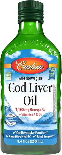 [BRSWECQ2OIPQEYL4] Carlson - Cod Liver Oil 1100 mg Omega-3s Plus Vitamins A & D3 - Wild Caught EPA DHA Omega 3 Supplement - Norwegian Arctic, Sustainably Sourced Nordic Fish Oil Liquid, Unflavored, 250 mL (8.4 Fl Oz)