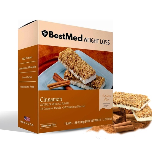[BRSREHAECMGWMETF] BestMed - High Protein Nutrition Bar - Low-Carb, 15g Protein, Low Sugar, Low Calorie, Meal Replacement Bar (Cinnamon, 2 Box - 14 Count)