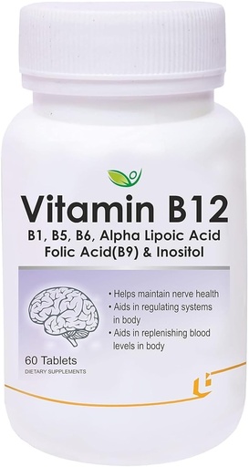 [BRSRAFQDBF4GAYDV] Vitamin B12 with B1, B5, B6, B9(Folic Acid), Alpha Lipoic Acid ALA & Inositol Supplements, Energy Management, Antioxidant - 60 Tablet