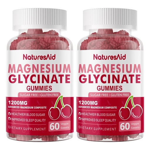 [BRSROAQEPMIWACT7] Natures Aid Magnesium Glycinate Gummies 1000mg - Sugar Free Magnesium Potassium Supplement with Vitamin D, B6, CoQ10 for Calm Mood & Sleep Support - 120 Cherry Gummies -2 Pack