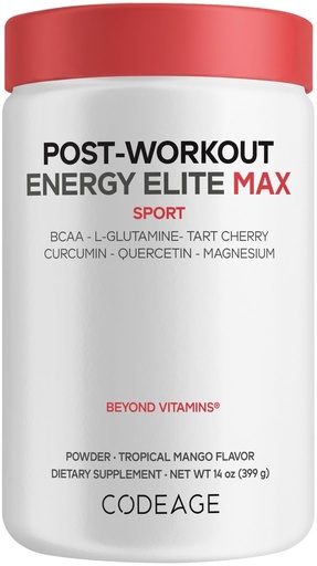 [BRSRYZQPOQHA4ALU] Codeage Post-Workout Recovery Elite Max - BCAA, L-Glutamine, Tart Cherry, Curcumin, Quercetin, Magnesium, Potassium - Muscle Recovery Post Workout Supplement Powder - Tropical Mango Flavor - 14 oz