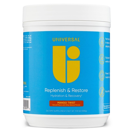 [BRSROCD3DEPBQELA] Universal U Replenish & Restore Powder, Hydration & Recovery, Promotes Muscle Repair and Growth, Custom Dosing, L-Lysine, L-Glutamine, L-Tryptophan, No Artificial Flavors, 30 Servings (Mango Twist)
