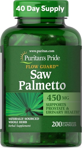 [BRSWI2QIB56G2EDU] Puritan's Pride Flow GuardTM Saw Palmetto Extract 450mg, Natural Whole Herb Suplemento dietético tradicional para hombres Prostate y soporte de salud urinario, 200 cápsulas de liberación rápida