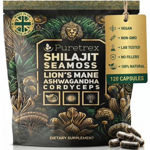 [BRSRECANCIJRSF3X] Shilajit Sea Moss Lions Mane Ashwagandha Cordyceps Capsules, 6-in-1 Mushroom Complex with BioPerine, 400mg Shilajit Extract, 120 Vegan Capsules, Made in UK, Third Party Tested