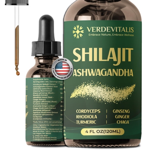 [BRSREYY6BV5R4ALX] Shilajit Liquid Drops – Pure Shilajit Extract with Ashwagandha for Men & Women, Energy, Stamina & Vitality, Adaptogen Herbal Blend with Cordyceps, Rhodiola & Chaga – 4 fl oz