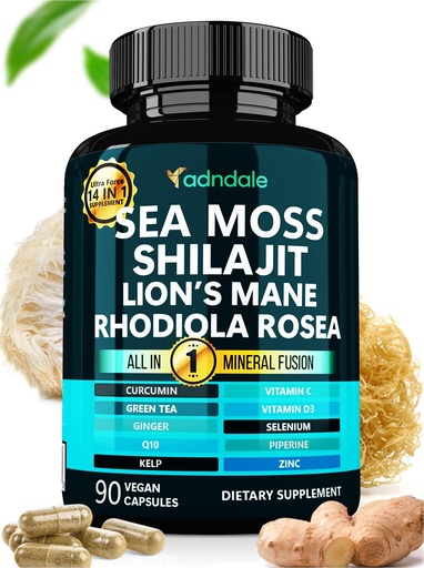 [BRSRACD4PMGQKDT4] Adndale SeaMoss Shilajit Combo - Sea Moss and Shilajit Bundle with Lion's Mane, CoQ10, Rhodiola Rosea Capsules - 90 Count