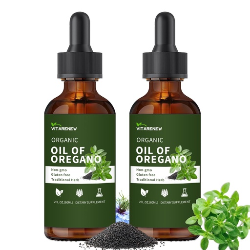 [BRSRGFQKBANAYCD2] Organic Oregano Oil Drops | Oil of Oregano with Black Seed Oil, Infused with Vitamin E, 80% Carvacrol for Immune Support, Antioxidant Boost & Gut Cleanse - Non-GMO, Vegan, 2-Pack