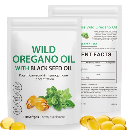 [BRSRGGL4CQJRU33U] Oil of Oregano with Black Seed Oil, Oregano Oil Capsules, 120 Count, Natural Antioxidants, Non-GMO, Gluten Free, High Carvacrol & Thymoquinone for Immune Support