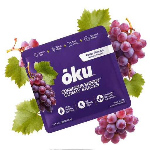 [BRSRGBALCINQIG3J] OKU Energy Gummies with Caffeine from Green Tea & Yerba Mate, Clean Energy & Focus, Coconut Water for Hydration, Vegan, Gluten-Free, Grape (8-Pack)