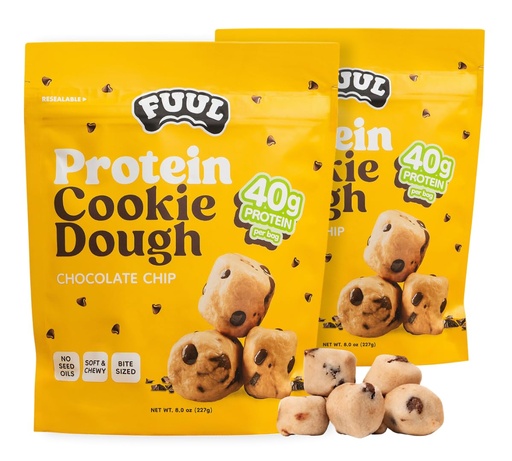 [BRSRGCARAEFBS23P] FUUL Chocolate Chip Cookie Dough Protein Bites, 2 Resealable Bags (1 lb Total) | Soft & Chewy High Protein Snack Bites, 80g Protein | No Seed Oils, Macro Friendly Pre & Post Workout Snack for Kids & Adults