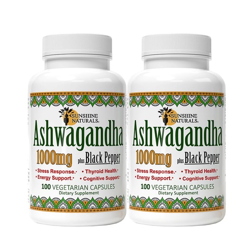 [BRSROAA3CQCBYG3B] Sunshine Naturals Ashwagandha & Black Pepper Dietary Supplement. Supports Stress Relief, Mood Balance, Immune System Health, and Energy. 1000mg. 100 Capsules. Pack of 2