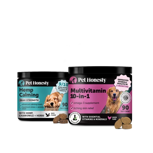 [BRSRAEITDEMAG3TL] Pet Honesty Hemp Calming & Multivitamin Virtual Bundle: Max Strength Dog Anxiety Relief & Essential Vitamins for Skin and Coat (Duck & Chicken 90 ct)