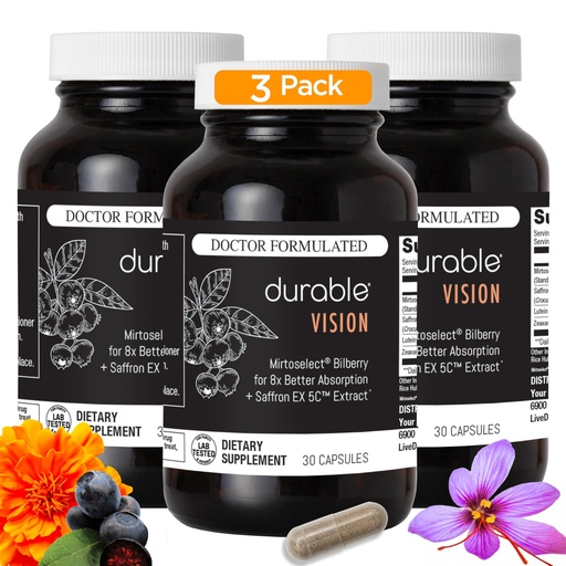 [BRSRGYLYOJYAAC3X] Durable Vision – Saffron, Bilberry, Lutein & Zeaxanthin – Supports Blue Light Protection, Eye Strain, Vision Clarity & Macular Health – Doctor Formulated, Vegan, Made in USA (90 Capsules)