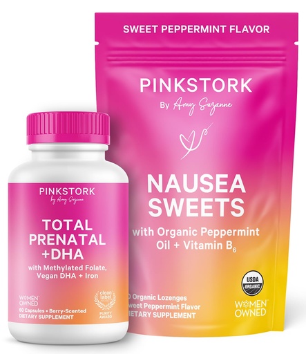 [BRSREEIHBMIQKAI2] Pink Stork 1st Trimester Essential Duo - Prenatal Vitamins for Women + Organic Sweets for Women, Pregnancy Health, Morning Sickness, Digestion Support Bundle